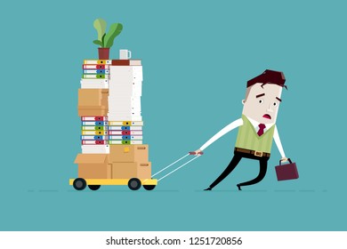 Tired Man Carries Documents On A Trolley: Too Much Paperwork