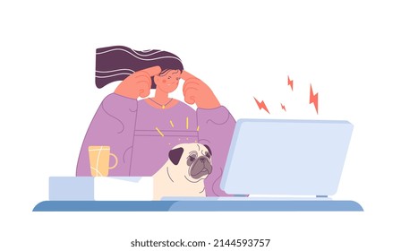 Tired Office Woman. Stress Work, Burnout And Mental Exhausted. Girl With Indignant Dog Sit At Computer. Workaholic Or Emotional Student Utter Scene