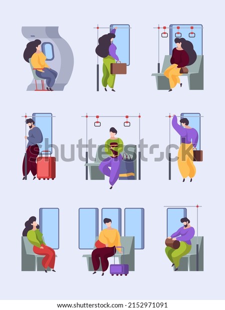 Tired persons vehicles.\
Urban transport interior with standing and sitting lazy tired\
characters after work public subway car airplane bus garish flat\
illustrations
