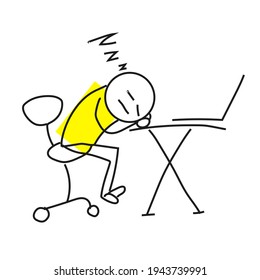 Tired Stick Man Fall Asleep On His Workplace. Minimal Creative Illustration.