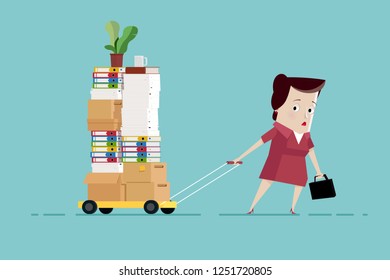 Tired Woman Carries Documents On A Trolley: Too Much Paperwork