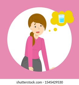 Tired Woman Think About Glass Of Fresh Water. Thirst Concept. Thirsty Girl. Isolated  Illustration In Cartoon Style