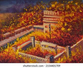 Tisha B'av Painting Jewish Religious Holiday Burning Ruined Castle Illustration