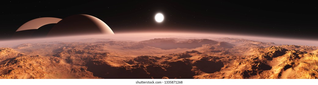Titan (satellite Of Saturn) At Sunset, Panorama Of The Red Planet At Sunrise, The Surface Of An Alien From Space, 3d Rendering