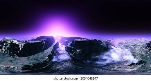 Titan sunrise, alien landscape, HDRI, environment map , Round panorama, spherical panorama, equidistant projection, 360 high resolution panorama, 3d rendering