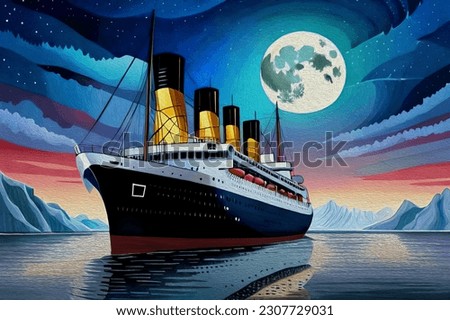 Titanic in ocean at night. Full moon and stars. Watercolor splash with Hand drawn sketch illustration.