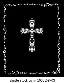 Title With Christian Ornate Floral Cross And Vintage Frame. Black And White