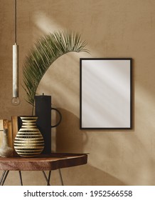 Title: Mockup Frame Close Up In Nomadic Home Interior Background, 3d Render