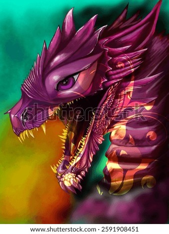 Title: Mystical Dragon.
Created on 20.2.2025.
Digital drawing of a dragon. It shows the head of a dragon showing its teeth. It has ornaments on its skin.
Painted in the Czech Republic.