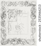 Title Page Design for "The Tournament" (recto); Small Sketches for Border Elements (verso) (1840) by Richard Doyle. Vintage art drawing illustration, old painting art print. Pencil decorative sketch.