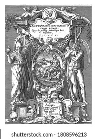 Title Print With Roma, Minerva And Saturn, An Oval Cartouche Depicting Roma, Sitting Next To The Lupa Capitolina Suckling The Twins Romulus And Remus, Vintage Engraving.