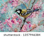 Titmouse in the spring blooming cherry orchard.  Spring flowers blossom and birds with blue sky. Original impressionism oil painting picture on canvas