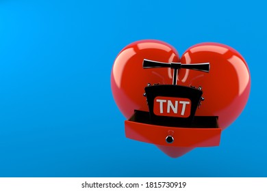 TNT Detonator Inside Heart Isolated On Blue Background. 3d Illustration