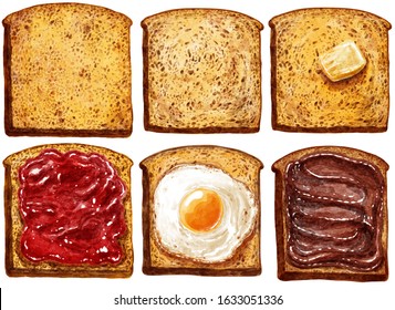 Toast and butter   jam  watercolor illustration  isolated white