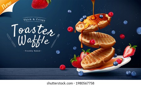 Toaster Waffle Ad On Blue Wooden Table Background In 3d Illustration. Maple Syrup Pouring On Thick And Crispy Waffles With Berry Fruits.