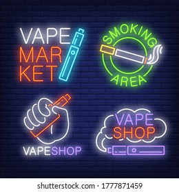 Tobacco and electronic cigarettes neon signs set with text. Vape shop and smoking design elements. Night bright neon sign, colorful billboard, light banner. illustration in neon style.