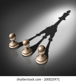 Together success and joining business concept for team leadership strategy as three chess pawn pieces casting a shadow shaped as the king for teamwork partnership and successful group planning .