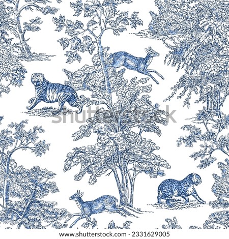 Toile Engraving Tropical Islands Seamless Pattern, Oriental Palm Trees Wallpaper, Wildlife Tigers in Exotic Plants Ocean Beach Blue on White Background, Linear Jungle Oceania India Landscape Print Stock foto © 