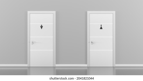 Toilet Doors For Women And Men In Empty Corridor, Front View. Realistic 3d Interior With White Closed Doors, Sign WC And Grey Wall. Entrance In Public Restroom, Lavatory In School, Mall Or Office