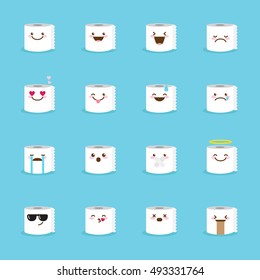  Toilet Paper Emoji Set. Funny Cartoon Emoticons.