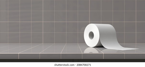 Toilet Paper Roll On Bathroom Tiled Counter Background. Empty Space, Template. Grey Color Tiles, Banner. 3d Illustration