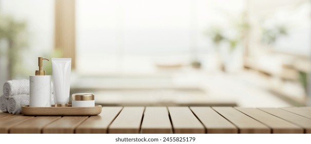 A toiletry spa set with an empty space for display products on a wooden plank tabletop with a blurred background of a modern luxury bathroom. 3d render, 3d illustration