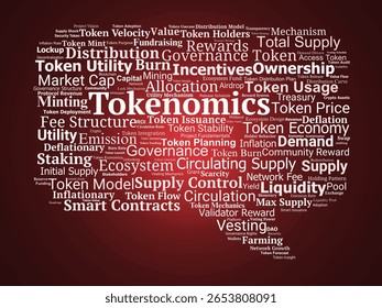 Tokenomics Word Cloud. Visual breakdown of core token supply mechanics, utilities, and allocation models used in blockchain ecosystems.