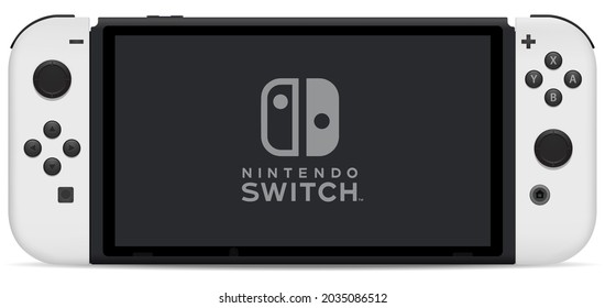 Tokyo 2021. Nintendo Switch OLED new model with white Joy‑Cons front view handheld game system realistic icon. Nintendo Switch OLED model game console.