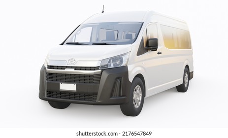 Tokyo, Japan. April 10, 2022: Toyota Hiace. White Passenger Minibus For Transporting People In The City And Beyond. On A White Isolated Background. 3d Illustration.