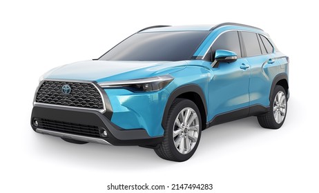 Tokyo, Japan. April 19, 2022: Toyota Corolla Cross 2020. Compact blue SUV with a hybrid engine and four-wheel drive for the city and suburban areas on a white isolated background. 3d illustration.