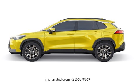 Tokyo, Japan. April 19, 2022: Toyota Corolla Cross 2020. Compact yellow SUV with a hybrid engine and four-wheel drive for the city and suburban areas on a white isolated background. 3d illustration.