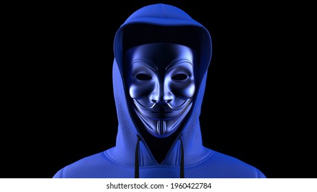 TOKYO, JAPAN - APRIL 22, 2021 : Anonymous hacker with metallic blue face mask and blue hoodie in shadow under black spot lighting background. Dangerous criminal concept image. 3D CG　illustration.
