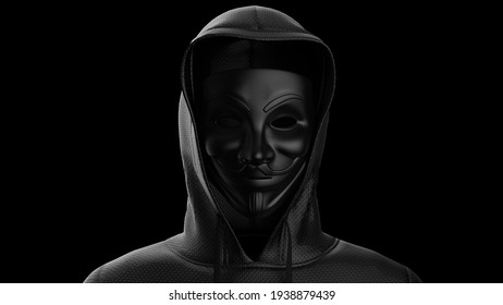 TOKYO, JAPAN - MARCH 17, 2021 : Anonymous hacker with black face mask and black hoodie in shadow under black spot lighting background. Dangerous criminal concept image. 3D CG. 3D illustration.
