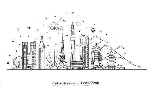 Tokyo Outline Seoul Skyline With Modern Buildings. Illustration