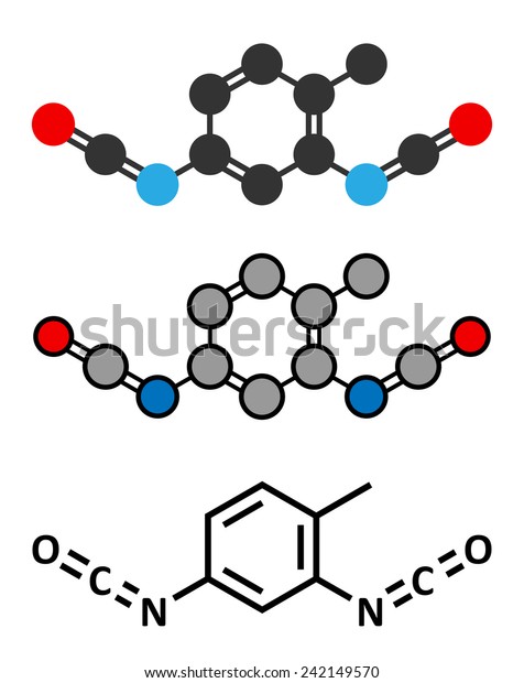 Toluene diisocyanate (TDI, 2,4-TDI) polyurethane building block molecule. May be a carcinogen. Conventional skeletal formula and stylized representations.