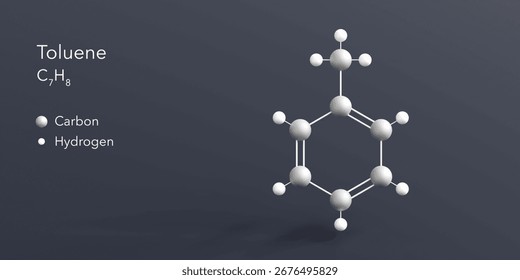 toluene molecule 3d rendering, flat molecular structure with chemical formula and atoms color coding