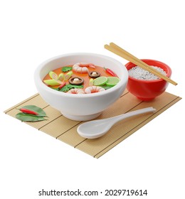 Tom Yam Kung Soup In A Buddha Bowl Next To A Plate Of Rice, Chopsticks, A Spoon, Chili Peppers On A Bamboo Mat, Isometric View On A White Background, 3d Rendering