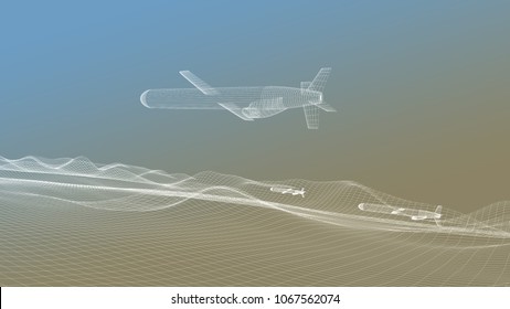 Tomahawk Cruise Missile Flying Over Wire Landscape. 3D Illustration.