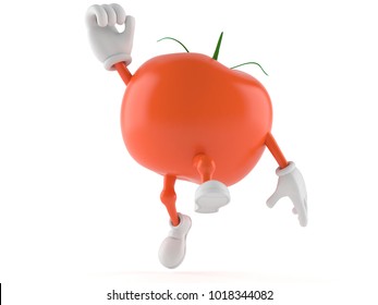 Tomato character jumping on white background. 3d illustration