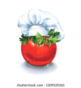 Tomato With Chef Hat And Parsley, Idea Food, Creative Business Concept. Restaurant Character, Chef Symbol, Isolated, Hand Drawn Watercolor Illustration On White Background