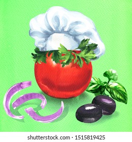 Tomato With Chef Hat And Parsley, Onion, Olives, Basil, Idea Food, Creative Concept. Restaurant Character, Chef Symbol, Isolated, Hand Drawn Watercolor Illustration On Green Background