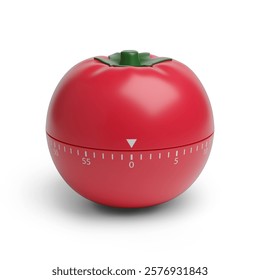 Tomato shaped kitchen timer isolated on white background. Pomodoro technique concept. 3d illustration.