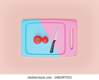 Tomatoes and a knife on blue and pink colored plastic cutting board. minimal cooking concept. Top view. 3d rendering - Powered by Shutterstock