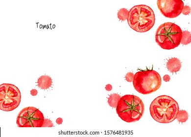 Tomatoes Template Banner Background In Tropical. Slices Tomato Juice Splash. Flat Lay, Top View, Layout Copy Space, Tomato Painted Watercolor Illustration Hand Drawn.