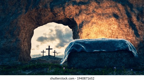 Tomb of Jesus Christ. Crucifixion And Resurrection. Religion, Easter theme. 3D illustration
