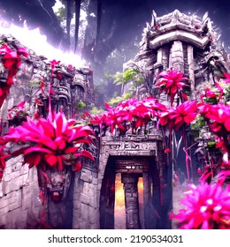 Tomb Raider Temple Entrance In The Jungle With Flowers