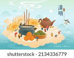 Tomb sweeping festival card. Miniature Asian people worshiping ancestors, flying kite, eating qingtuan on Qingming Festival. Translation: Cing Ming. Cherishing the memory of the deceased.