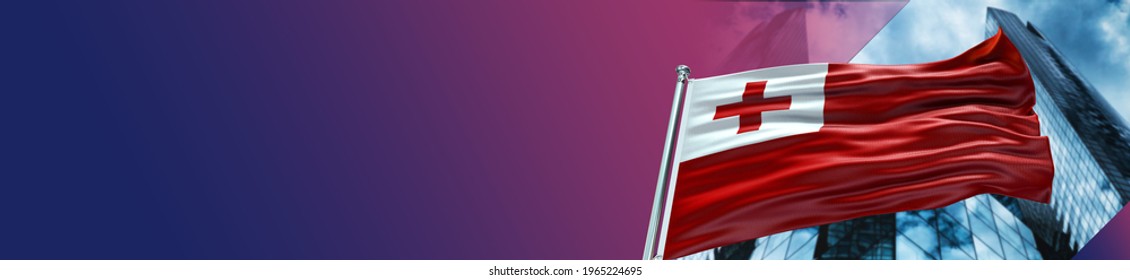 Tonga Flag Waving With Texture In Sky And Building With Gradient Large Background - 3D Illustration - 3D Render