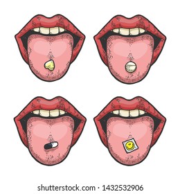 Tongue with drug narcotic pill and LSD stamp color sketch engraving raster illustration. Scratch board style imitation. Black and white hand drawn image.
