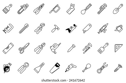 A Tool Icon Set With Lots Of Construction Or DIY Tools Including Level, Saw And Many Others